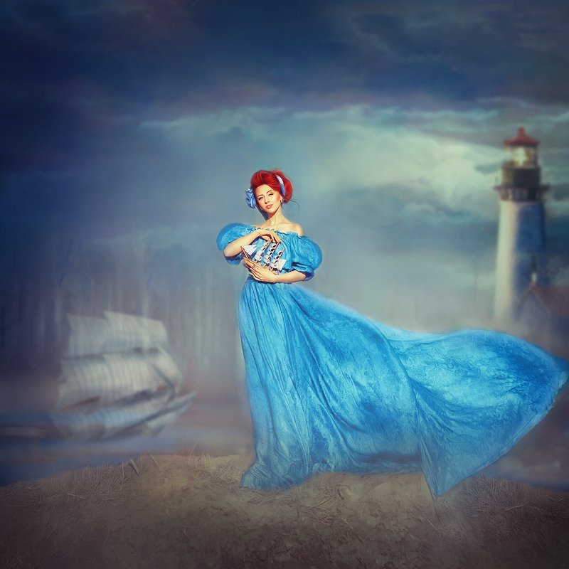 кораблик, маяк, небо, девушка, платье  Мечты фото превью