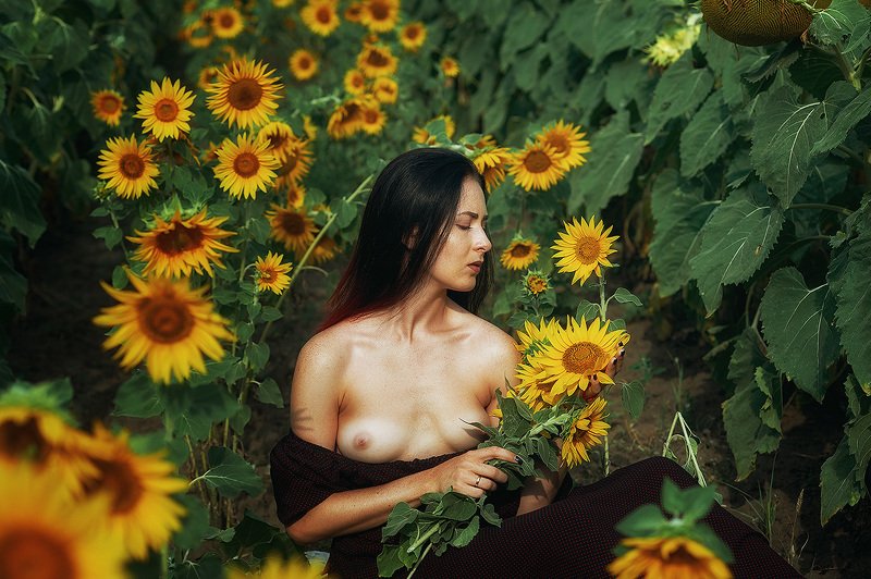 Девушка с подсолнухами фото превью