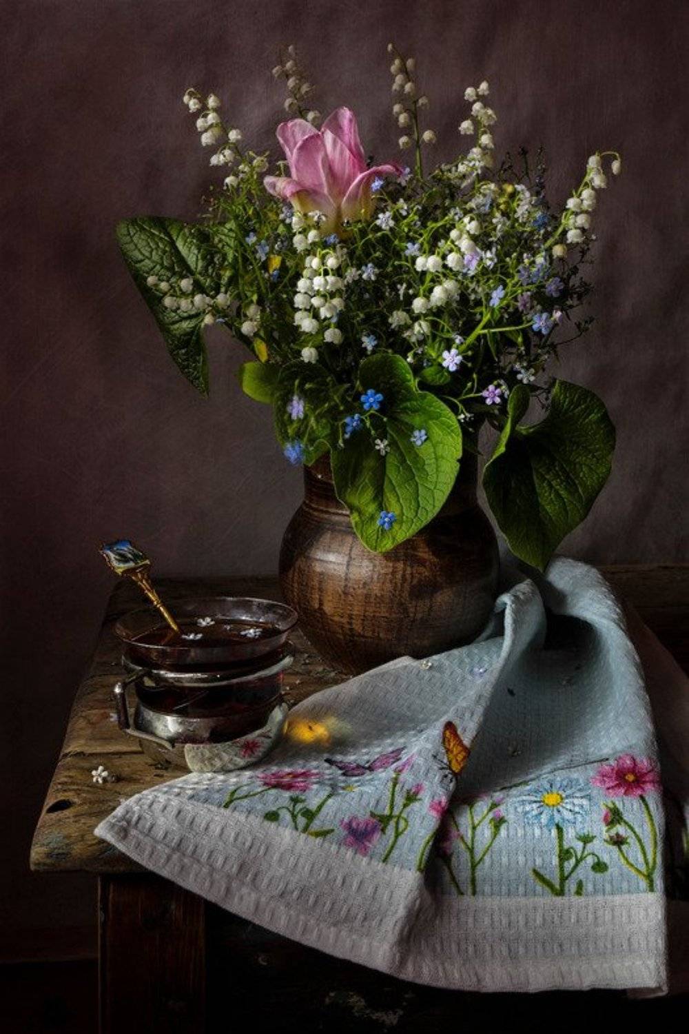 натюрморт,незабудки,тюльпан, ландыши, чай,, Zadorina Svetlana