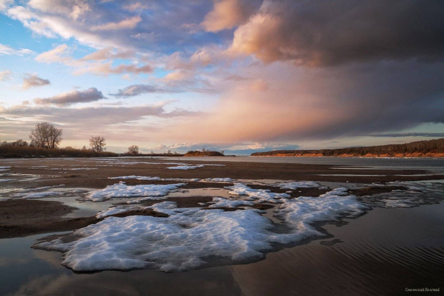 река, весна, закат, берег, северная двина, Смольский Евгений