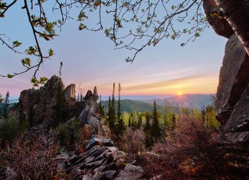 столбы, рассвет Первая листва фото превью