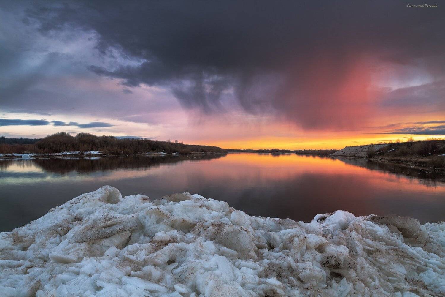 река, весна, закат, берег, северная двина, лед, дождь, Смольский Евгений