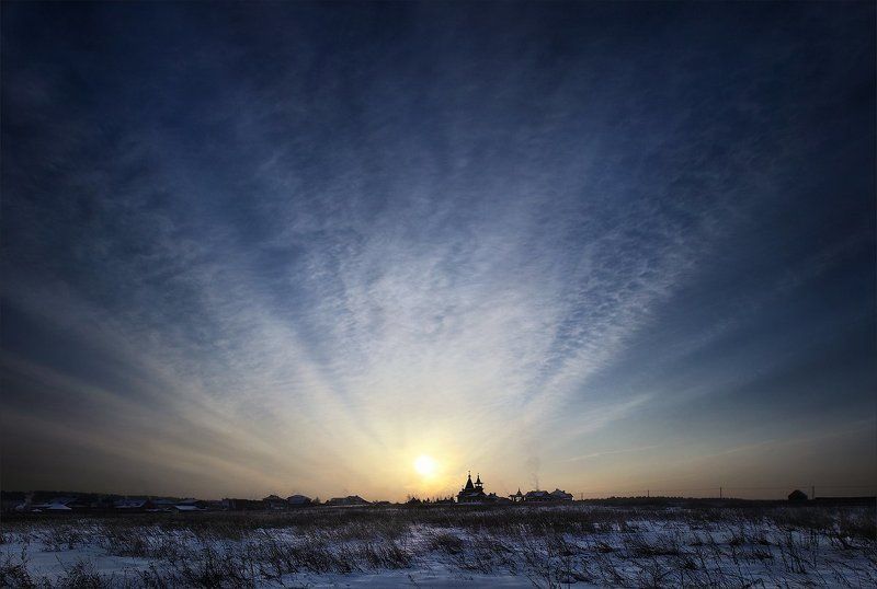 рассвет, храм, зима небесное опахало фото превью