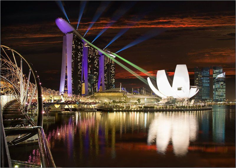marina, bay, sands, сингапур, singapour Лазерное шоу на отеле Marina bay sands в Сингапуре фото превью