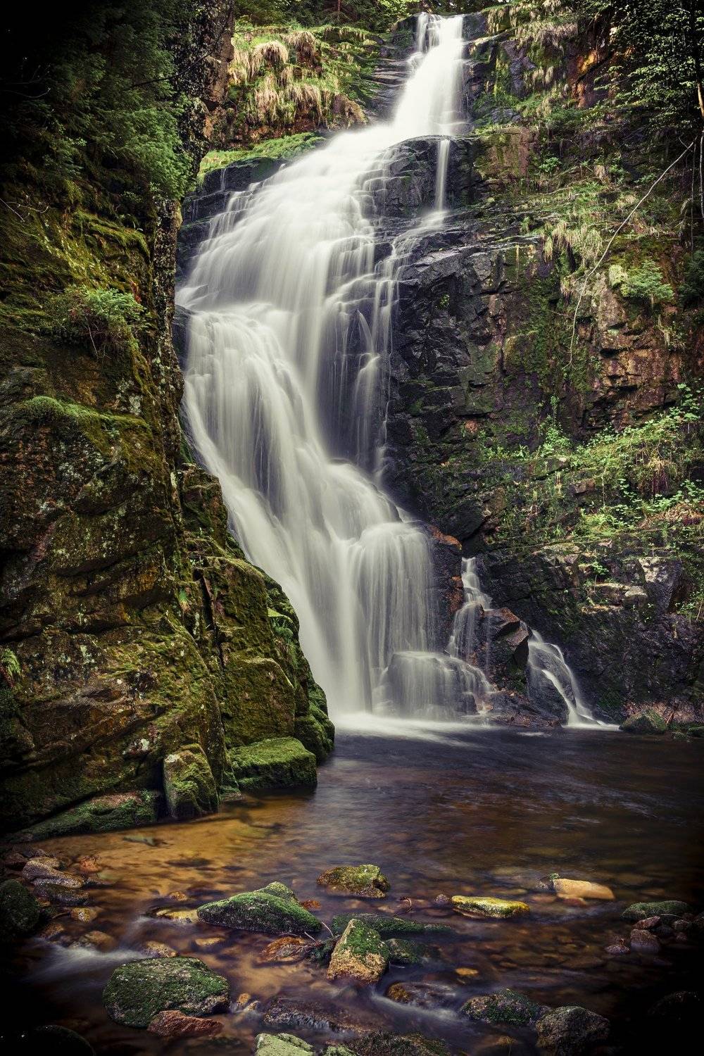waterfall, river, water, rocks, mountains, forest, sun,, Tomasz Myśliński