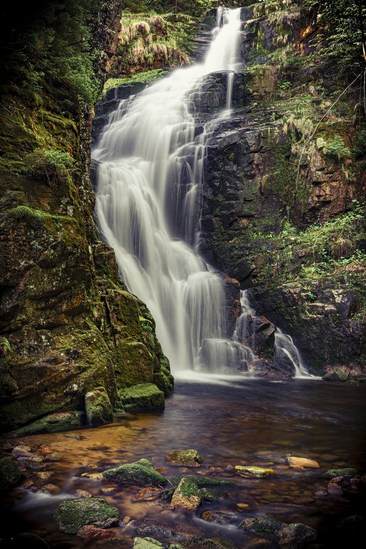 waterfall, river, water, rocks, mountains, forest, sun, Karkonoski waterfall - Kamieńczyk фото превью
