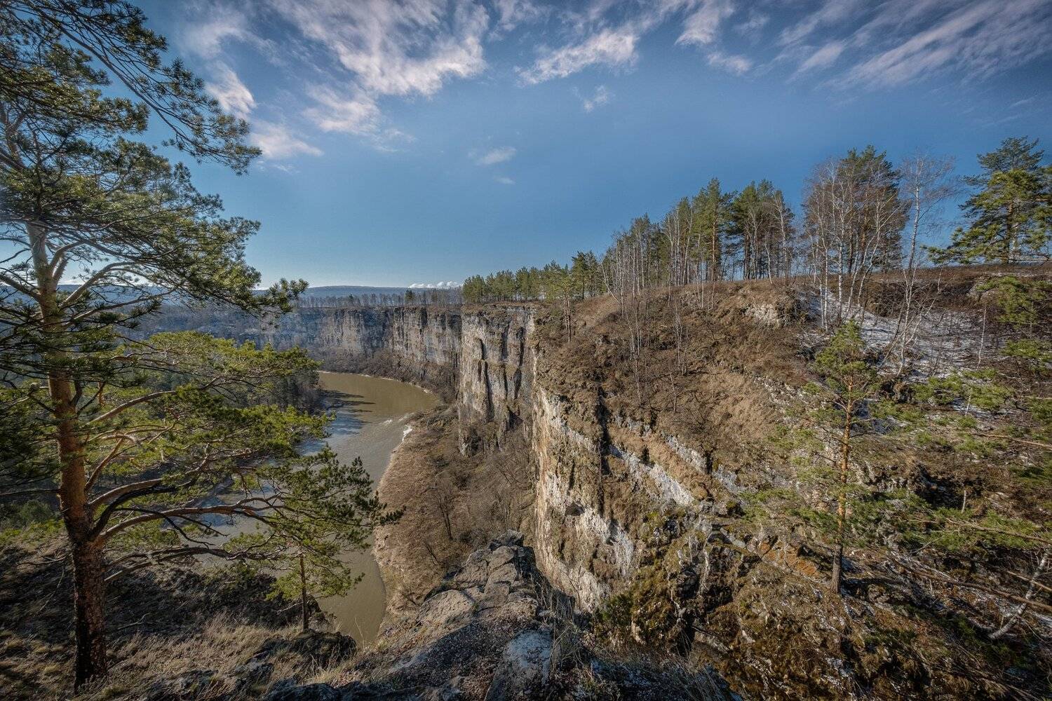 ай, река, притесы, урал, скалы, долина, каньон, весна, снег, деревья, небо, Андрей Чиж