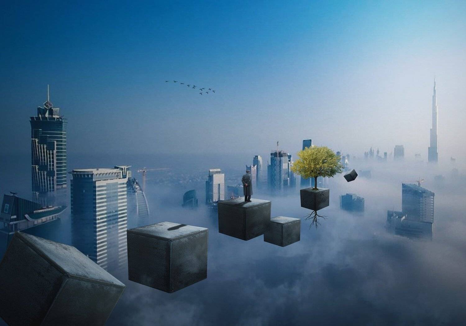 облака, старик, высотки, ящик, дерево, Sergii Vidov