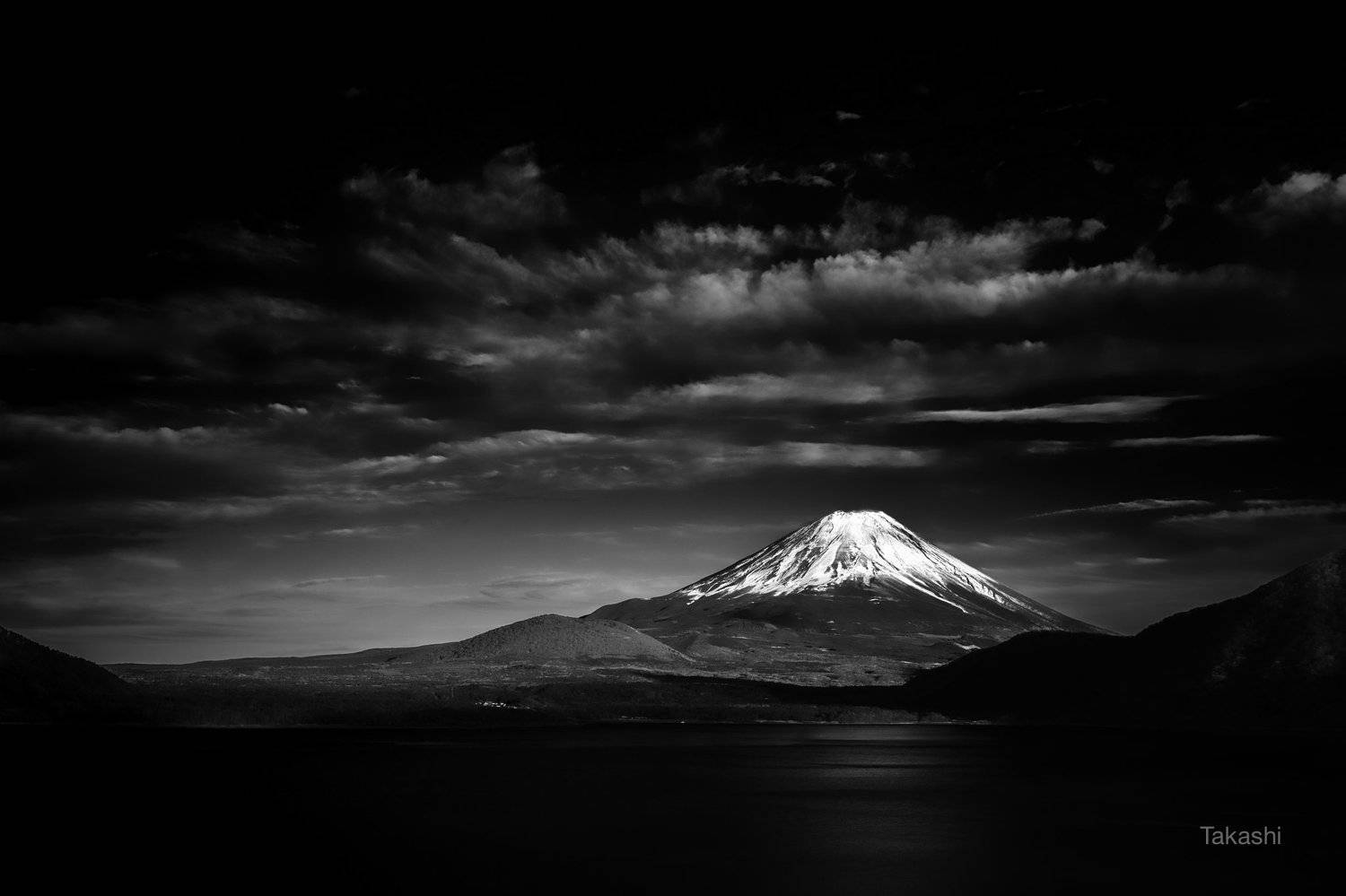fuji,mountain,japan,snow,lake,water,clouds, Takashi