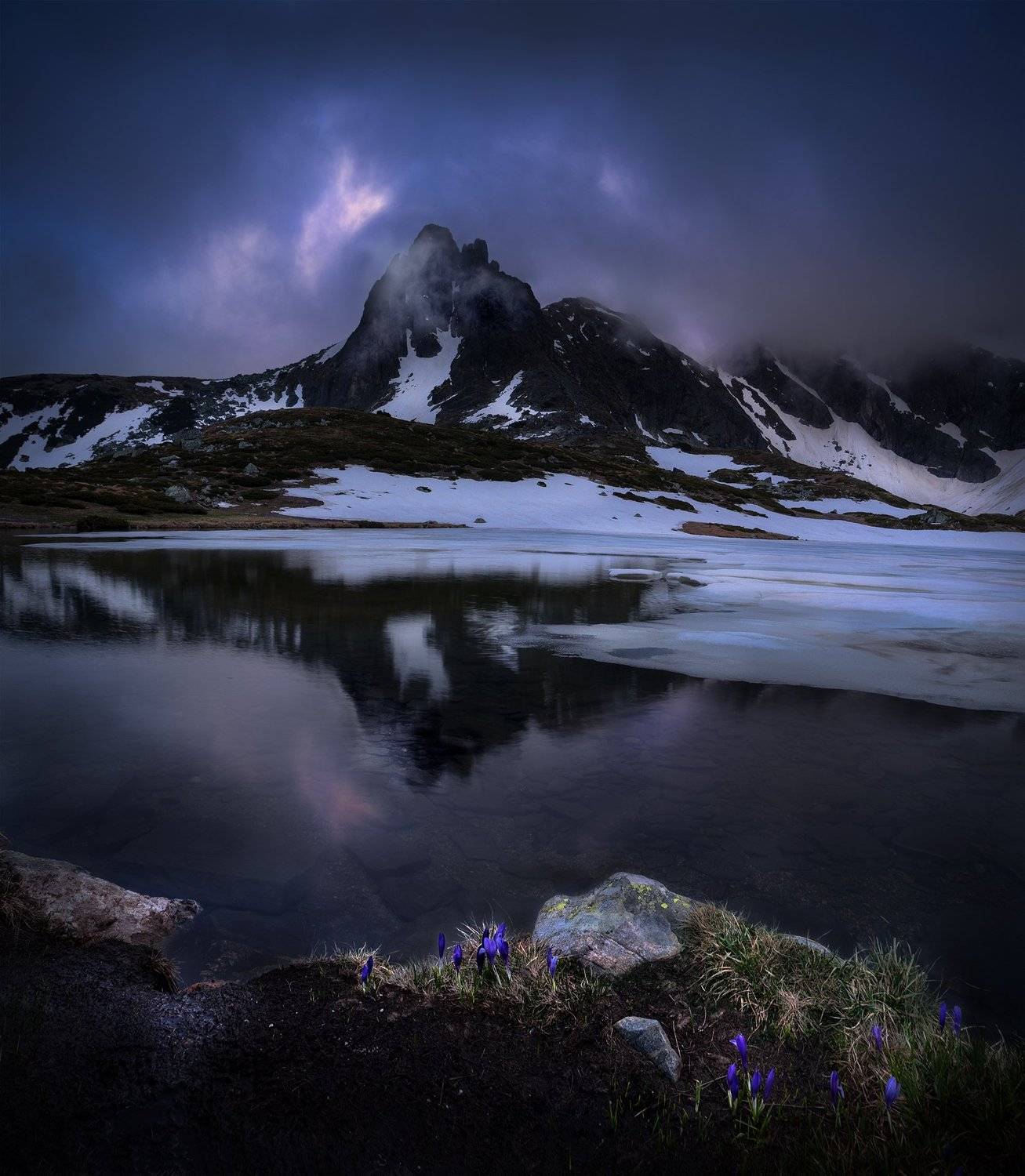 landscape, nature, scenery, spring, sunset, bluehour, reflections, lake, snow, ice, clouds, peak, mountain, crocuses, panorama, rila, bulgaria, пейзаж, весна, горы, крокусы, Александър Александров
