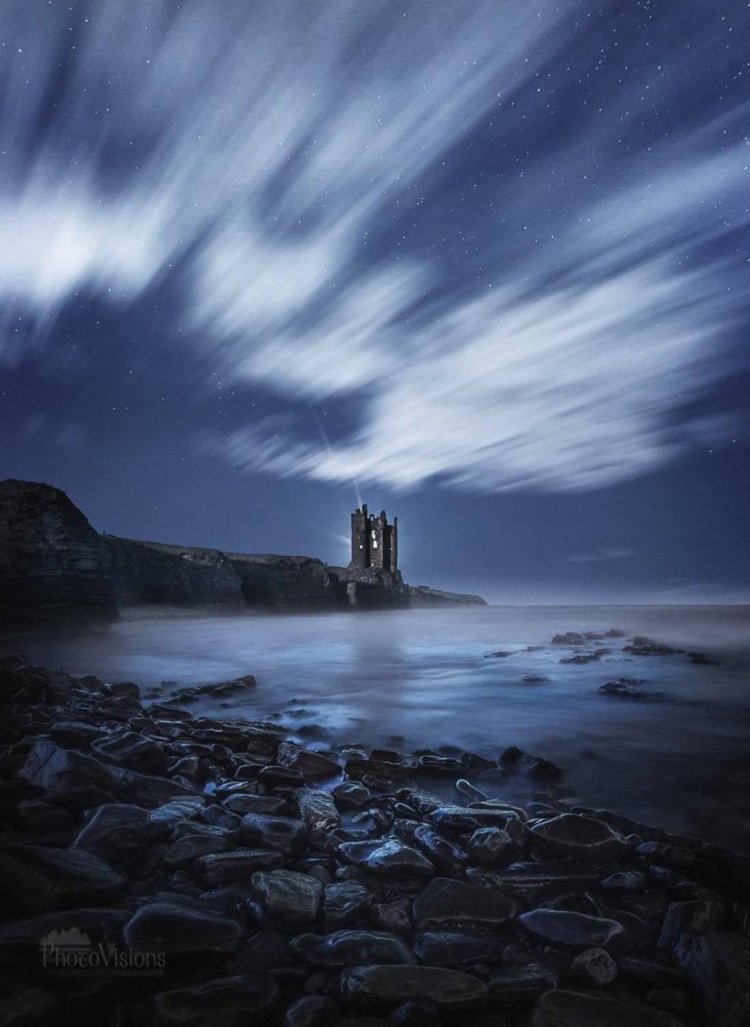 keiss castle,scotland,scottish,ruins,castle,ruined,tower,coast,shore,cliff,highlands,europe,night,moon,stars,long exposure,night sky, Adrian Szatewicz