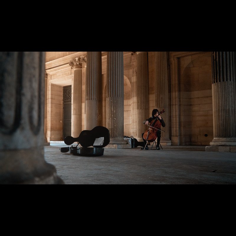cello, cellist, Louvre, Paris, sunrise, columns, cinematic, colorgrading, colorgraded, morning Cellist фото превью