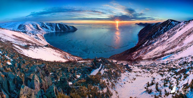 бухта светлая, магадан, закат, море, зима, горы, остров завьялова, полуостров старицкого Бухта Светлая фото превью