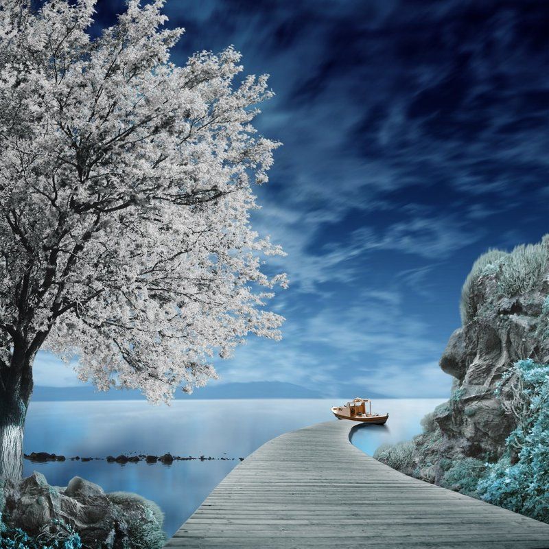 fire, sky, red, boat, reflection, blue, sailing, orange, alone, stone, ir, infrared My space II фото превью