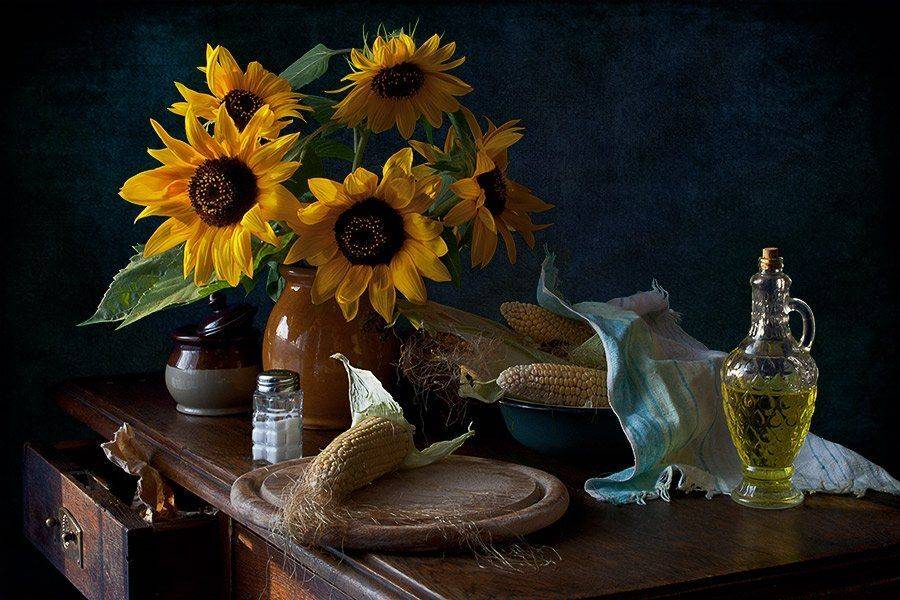 подсолнухи, кукуруза, масло, соль, миска, осень, елена алимова, lenochkaal