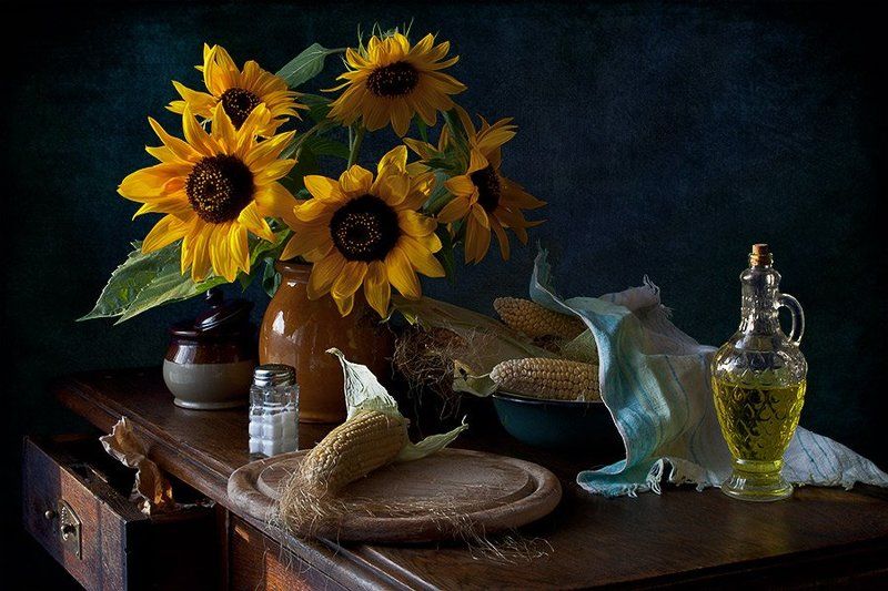 подсолнухи, кукуруза, масло, соль, миска, осень, елена алимова Подсолнухи и кукуруза фото превью