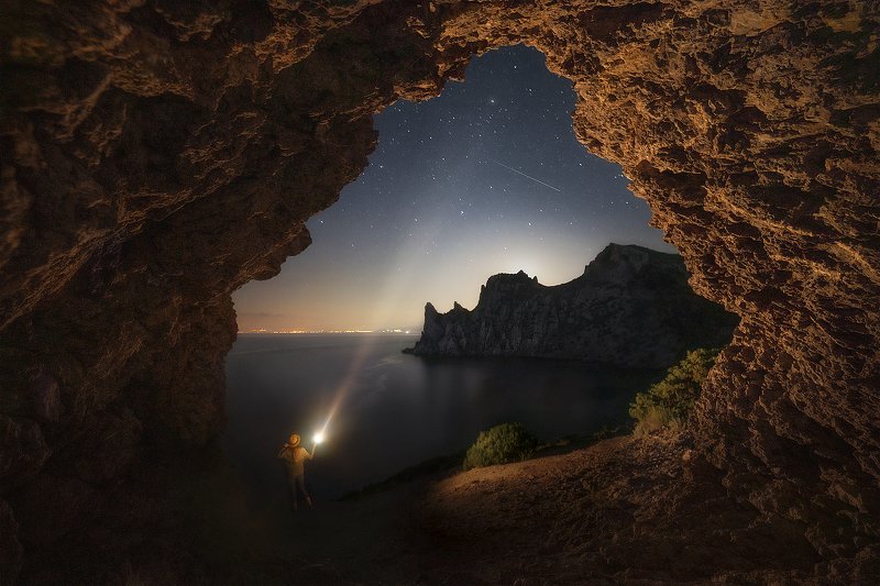 звезды, ночь, караул-оба, новый свет, капчик, пейзаж, море, горы, фонарь \
