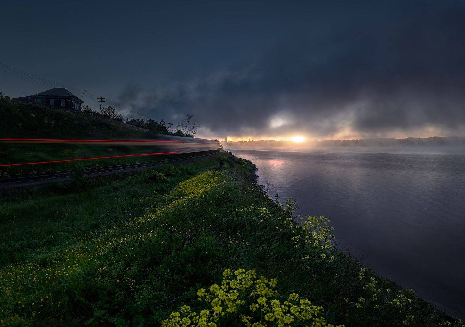 Пермский край, рассвет, поезд, туман, лето, деревня, облака, Даниил Мелехов