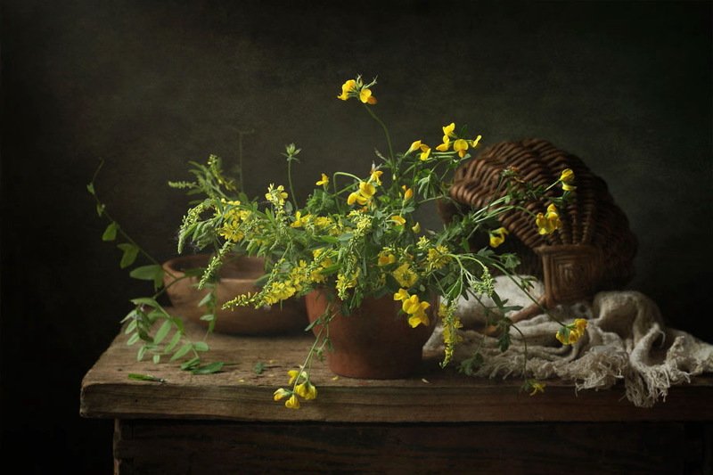 полевые цветы, корзинка, чашка, льненая ткань, плошка деревенские мотивы фото превью