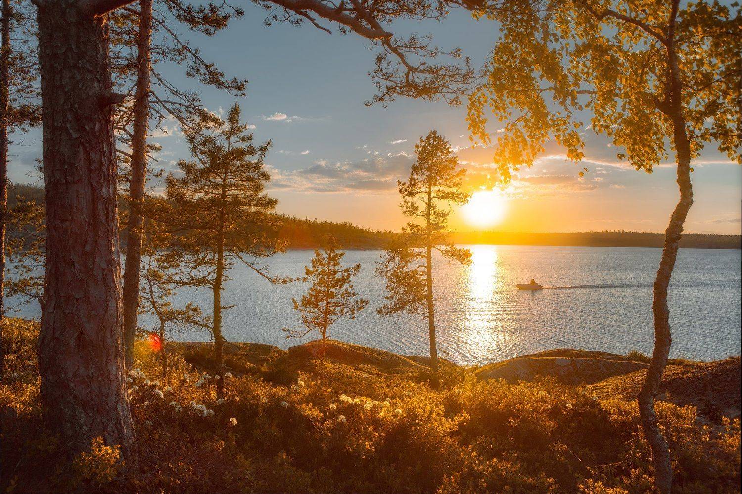 вечер, озеро, закат, кареллия, пейзаж, Алексей Новиков