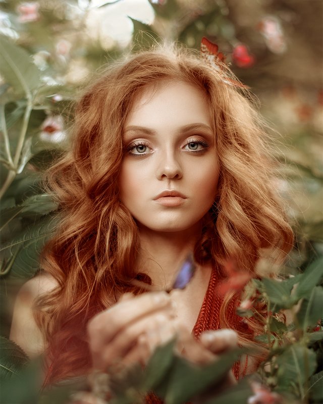 портрет, девушка, природа, бабочки, красный, рыжие волосы, portrait, girl, woman, red hair, red head, summer, butterfly, outdoor  фото превью