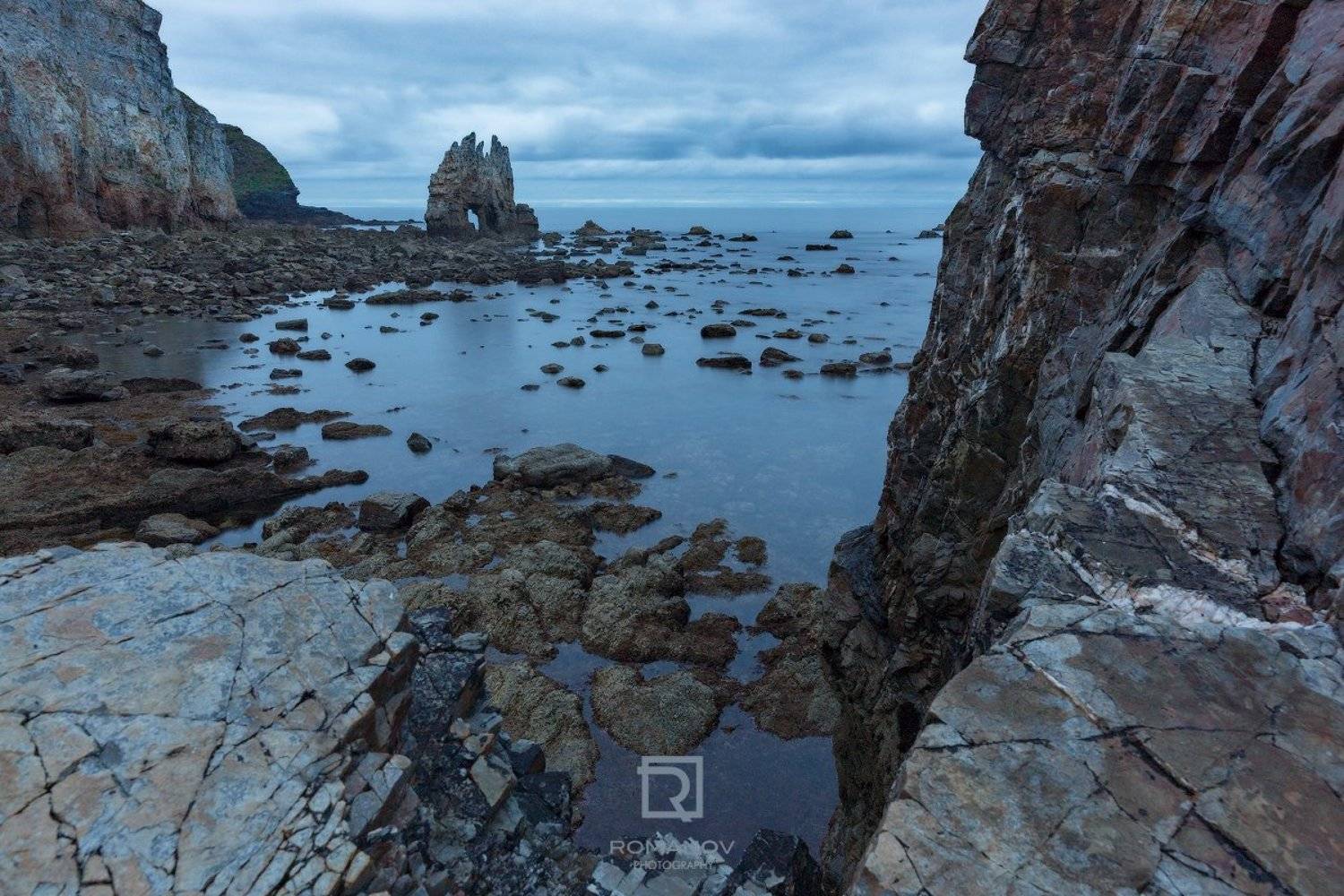 скала, гора, утес, небо, облака, море, закат, пляж, океан, синий, лето, рассвет, морской пейзаж, побережье, вода, длинная выдержка, Портисуэльо, Астурия, Испания, Валерий Романов