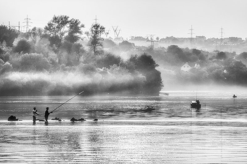 moment, момент, beautiful, красивый, canon 55-250,  black and white, чернобелая, monochrome, монохром, monoart, bw,  landscape, пейзаж, river, река, fishing, рыбалка, fog, туман,  summer, летний, evening, вечер, Вечерний клев. фото превью