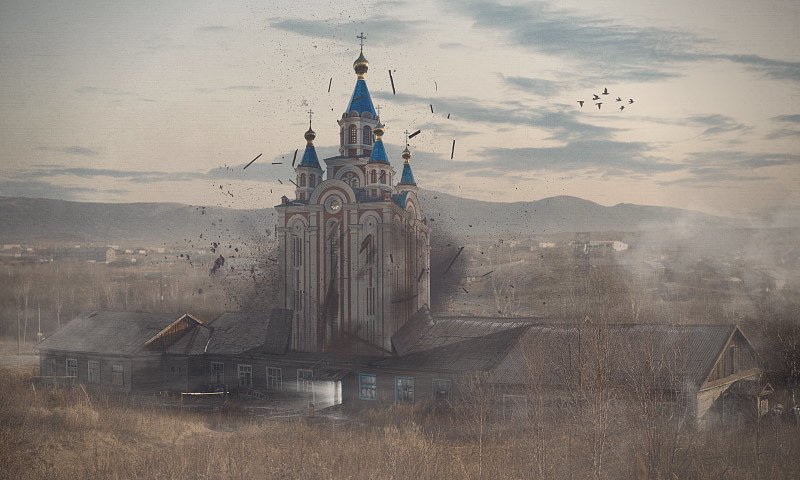 сюрреализм, арт, дом, закат, вода, небо, ретушь, коллаж, пейзаж, деревня, свет, окно, акула, стекло, храм, пустота, горы, птицы,  Забытые фото превью