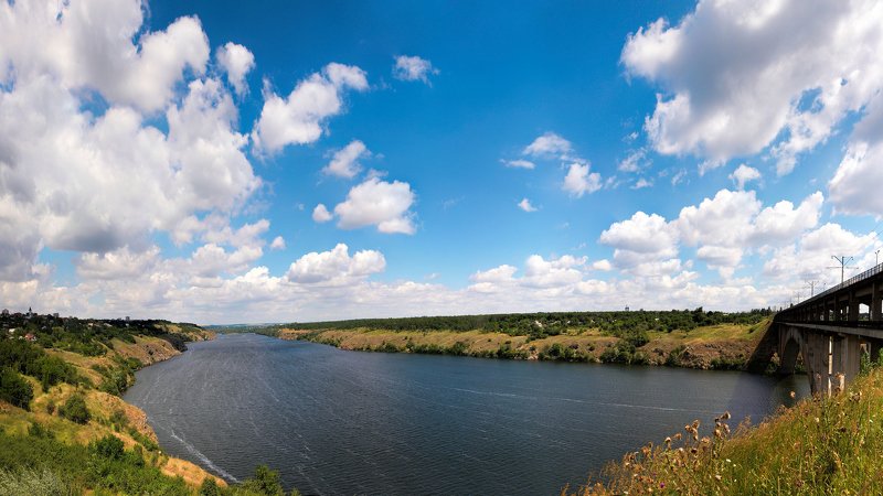 пейзаж,река,облака,небо,мост,панорама Июнь фото превью