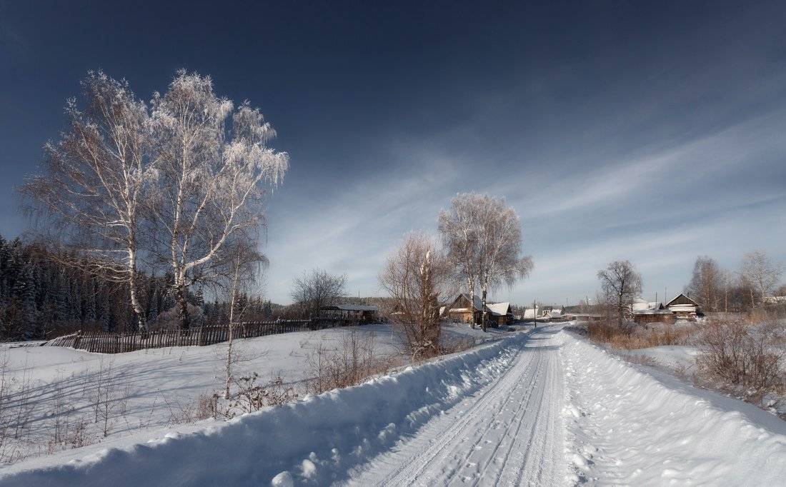 улица, снег, деревня, деревья, лес, облака, зима, Георгий Машковцев
