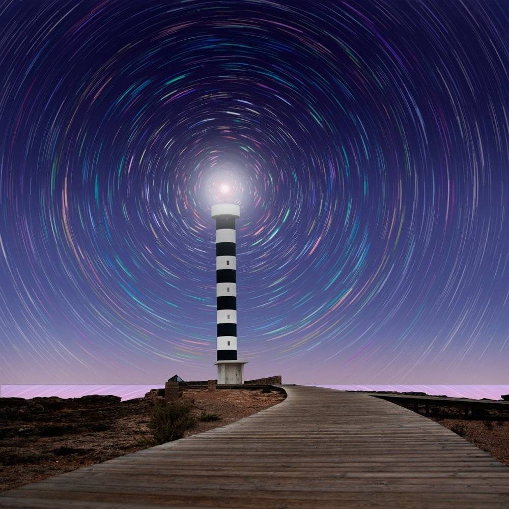 light, lighthouse, stars, pier, circle, trails, Caras Ionut