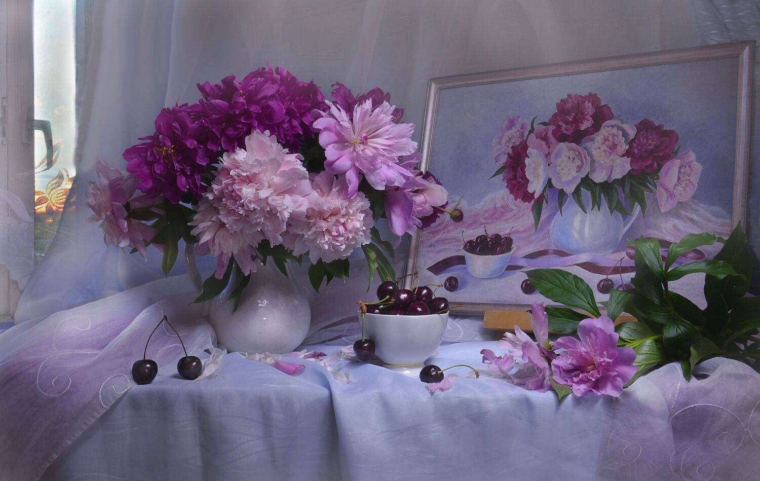 still life,натюрморт,фото натюрморт, лето, июнь,последний день июня, цветы, пионы, картина маслом, черешня, Колова Валентина