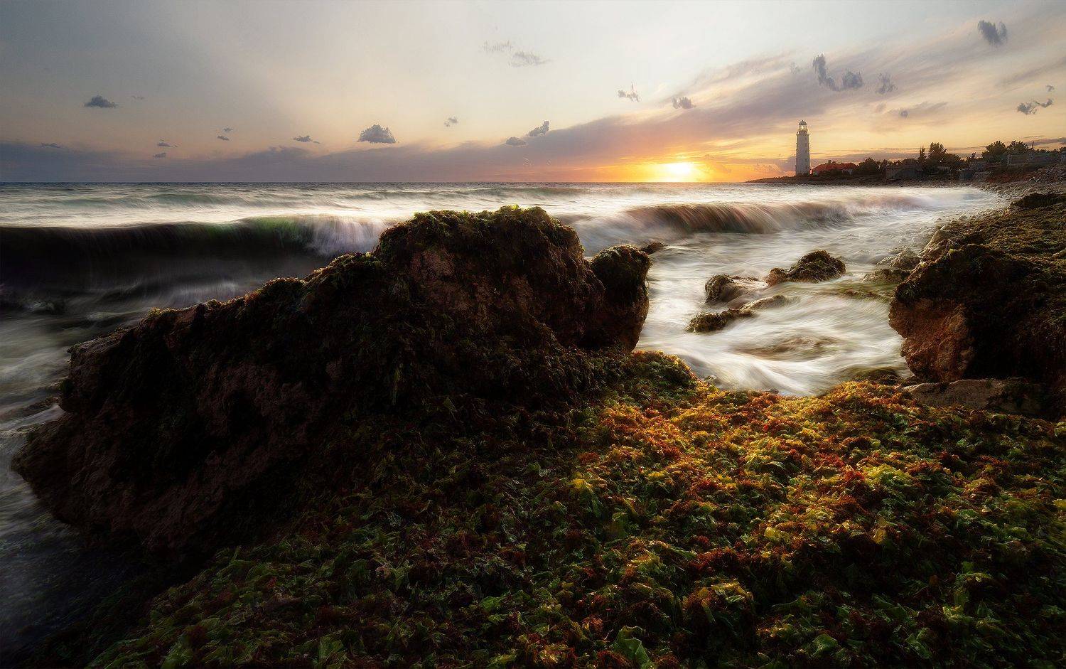 море,пейзаж,крым,закат,маяк,волны,водоросли, Макс