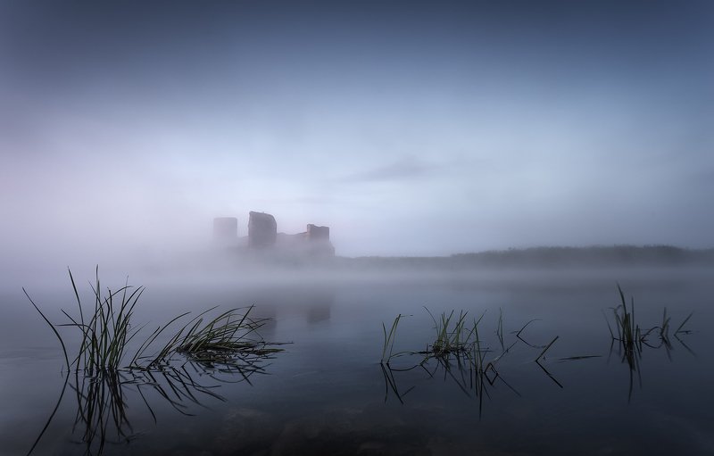 castle, river, morning, blue, water, fog morning at the castle фото превью