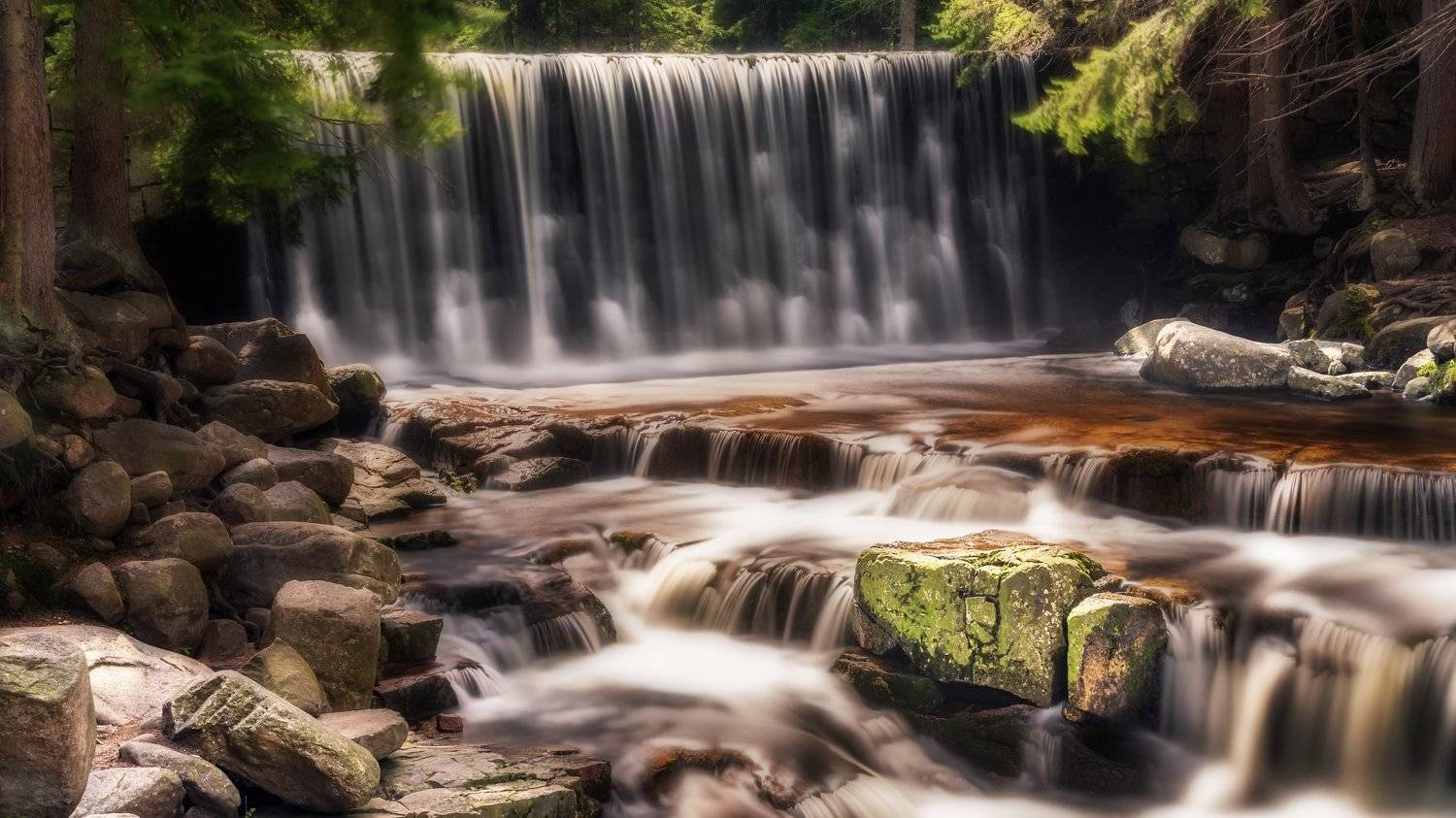 waterfall, river, mountains, cascades, light, Tomasz Myśliński