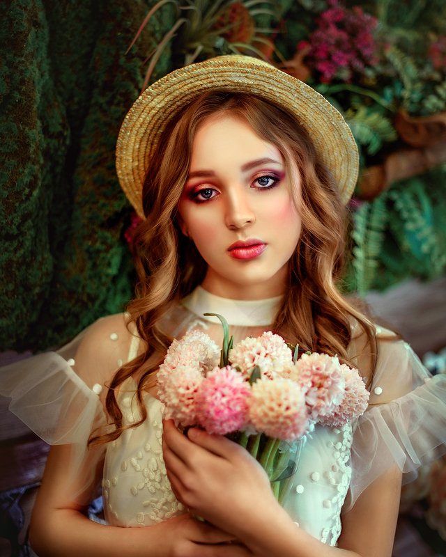 портрет, девушка, шляпка, лето, цветы, красная помада, portrait, face, girl, woman, summer, flowers, yellow, red  фото превью