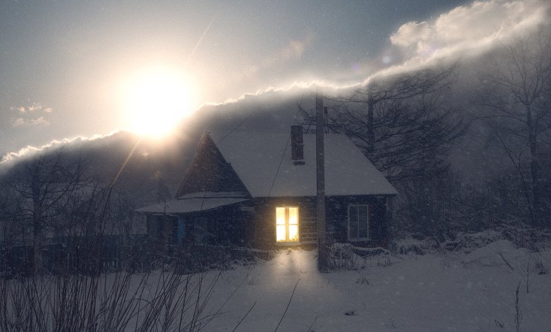 сюрреализм, арт, дом, закат, вода, небо, ретушь, коллаж, пейзаж, деревня, свет, окно, акула, стекло, закат, солнце, рассвет, одиночество, лес, ночь, день Закатный дом фото превью