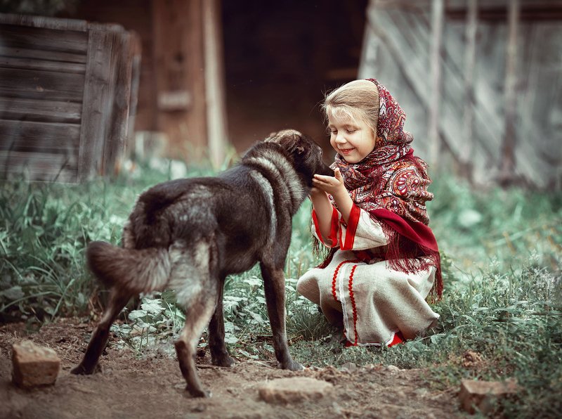 детство, детский портрет, лето, девочка, настроение, славяночка, собака, друзья, постановочная фотография Друзья фото превью