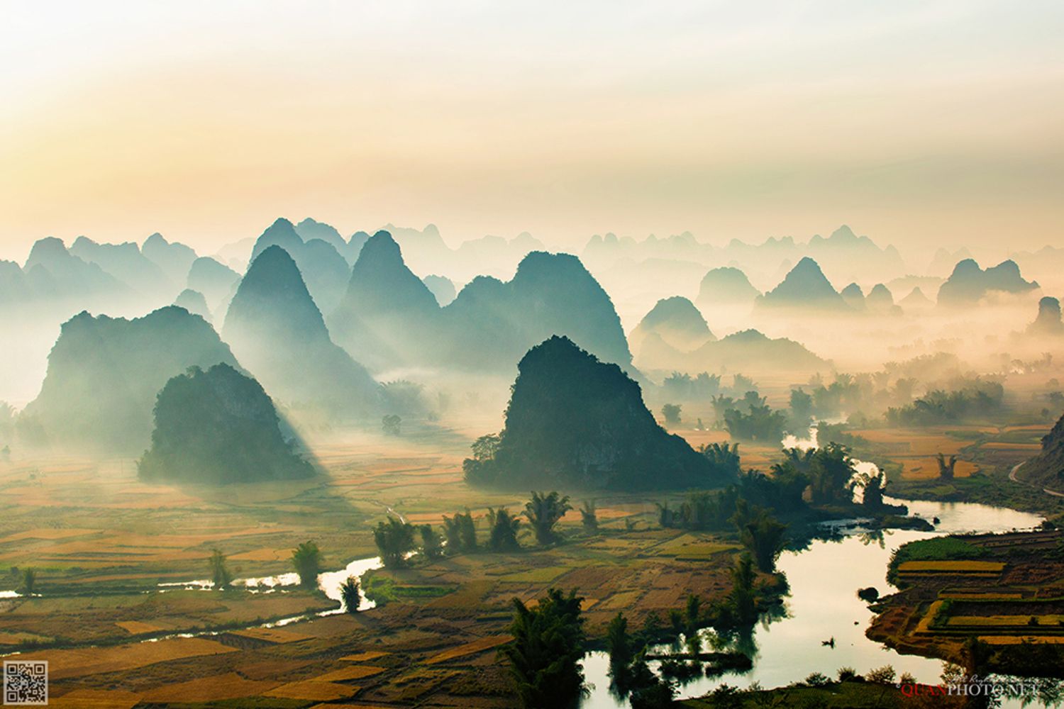 quanphoto, landscape, morning, sunrise, dawn, mountains, river, foggy, fields, misty, farmland, agriculture, valley, rural, vietnam, quanphoto