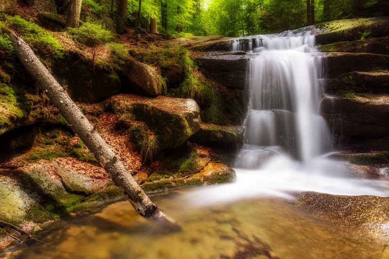 waterfall, cascade, river, light, mountains, rocks, water, long exposure Waterfall on the Myja River фото превью