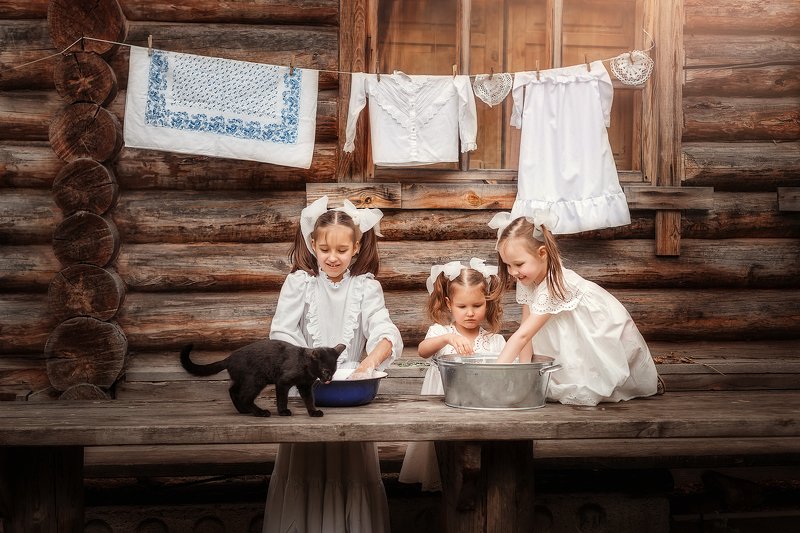дети, девочка, кот, kids Мамины помощницы фото превью