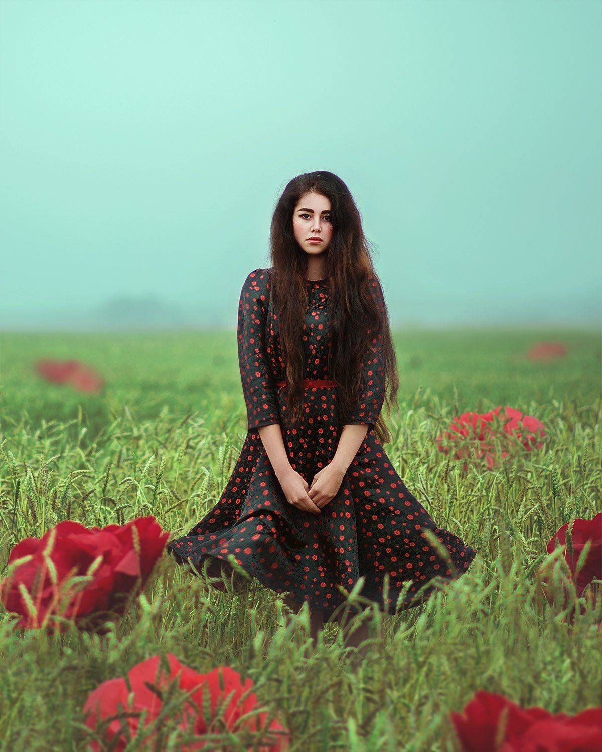 портрет, туман, рассвет, цветы, поле, пшеница, красный, portrait, sunrise, fog, field, summer, woman, Марина Семёхина