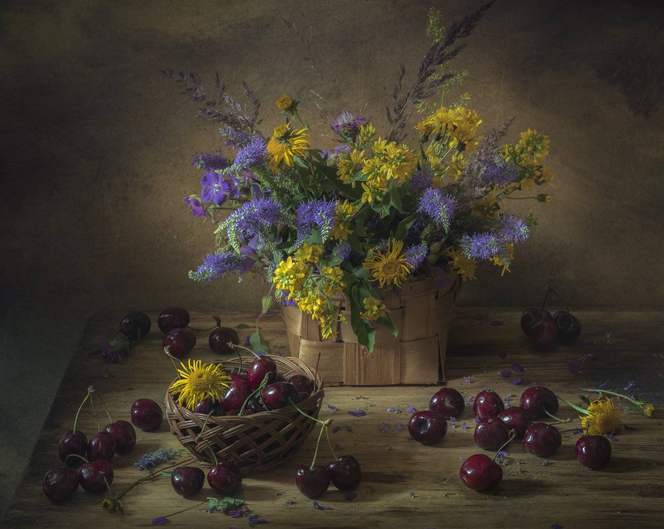 натюрморт,черешня,букет,лето,цветы,корзина, Елена Рубинская