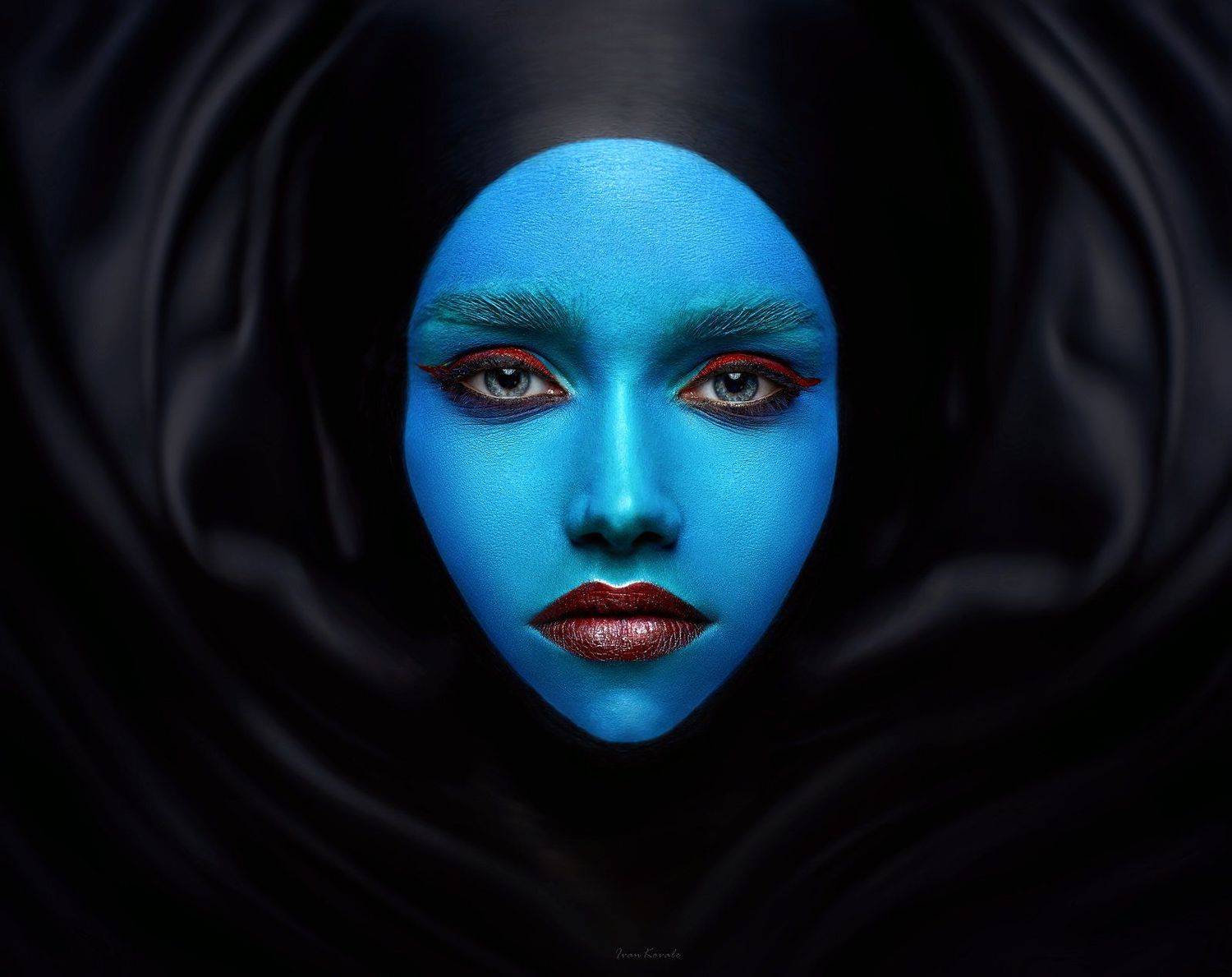портрет, девушка, взгляд, лицо, амплитуда, макияж, космос, волны, синий, wallart, ivankovale, Ковалёв Иван