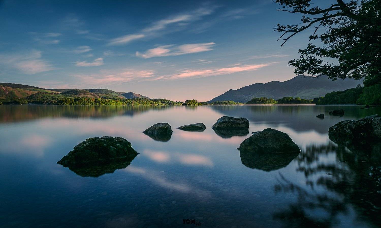 stones rocks stone rock water lake reflection sky clouds tree mountains blue bluehours moody cold england uk , Tomasz Łyszczek
