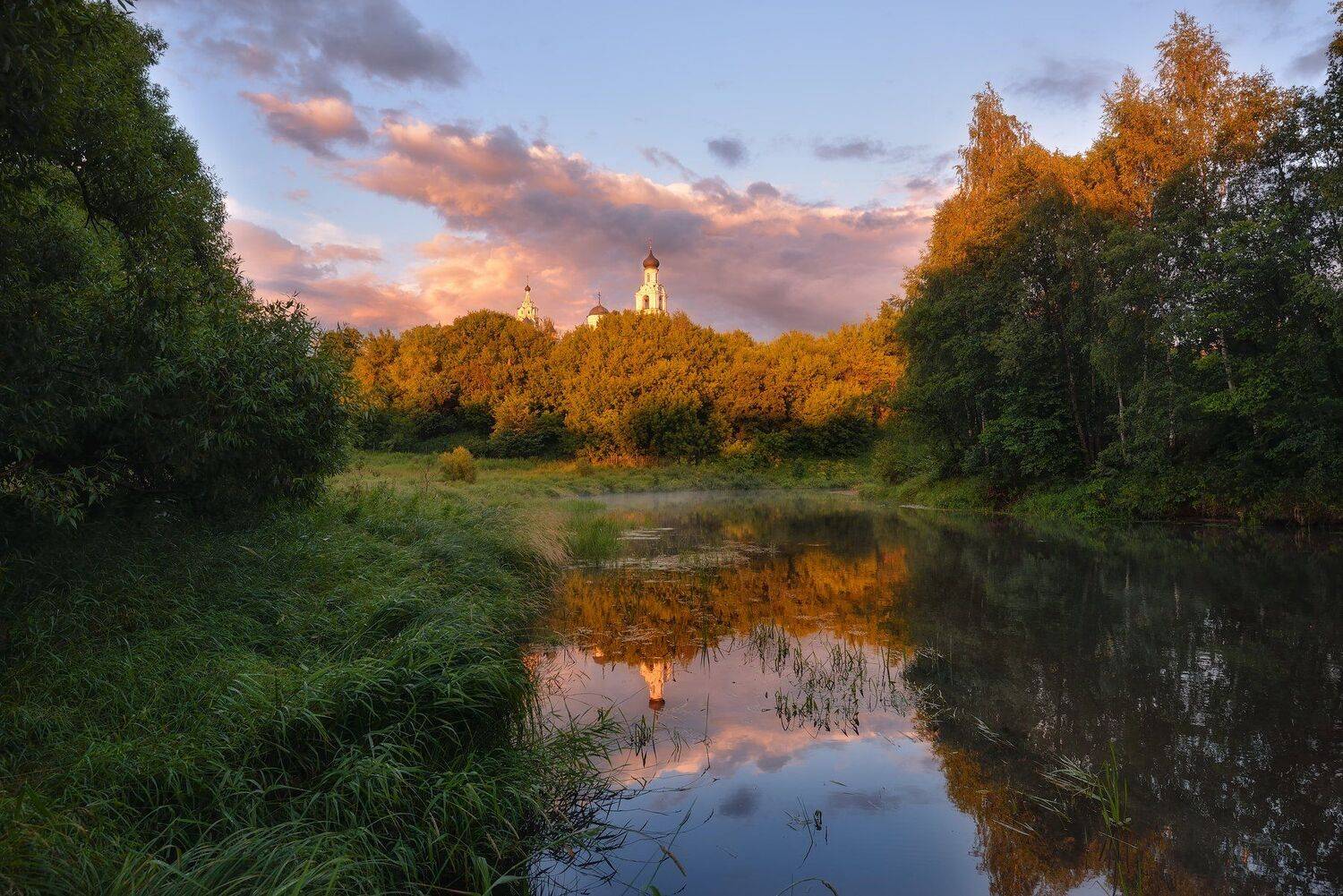 вечер,закат,река,свет,небо,облака,отражение,монастырь,киржач, Виталий Полуэктов