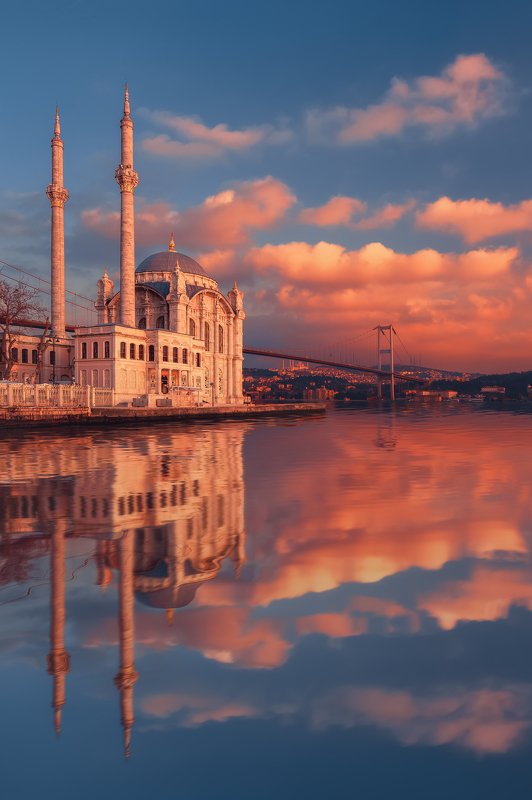 ortakoy mosque, istanbul,  mosque, reflection, sunset, water, вода, закат, мечеть, стамбул, турция, Ortakoy Mosque in Istanbul фото превью