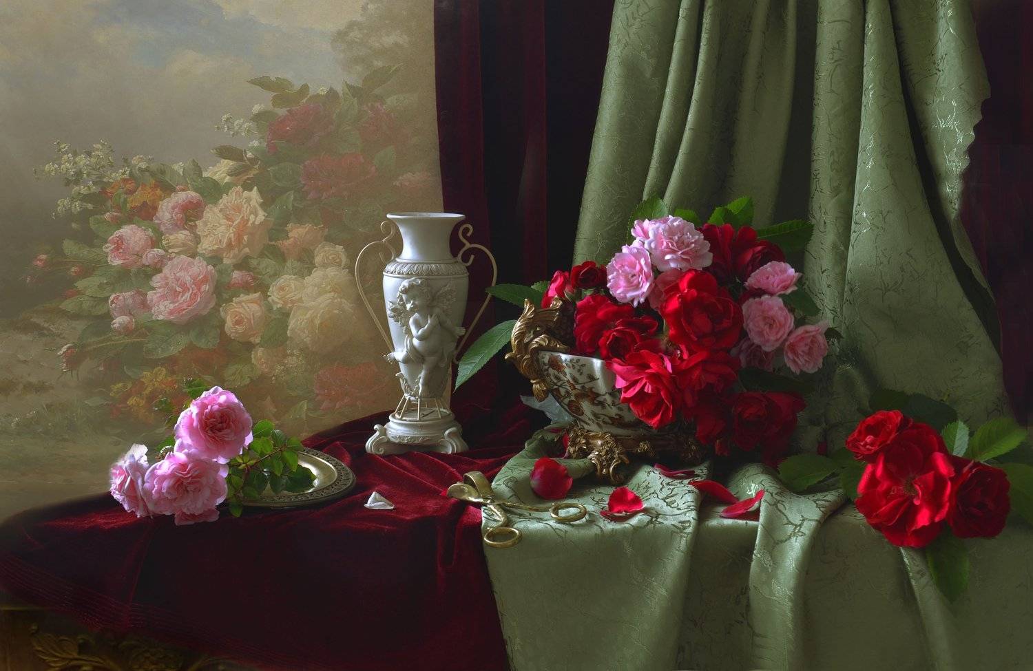 still life,натюрморт,фото натюрморт, лето, июль,розы, цветы, фарфор, картина маслом, Колова Валентина