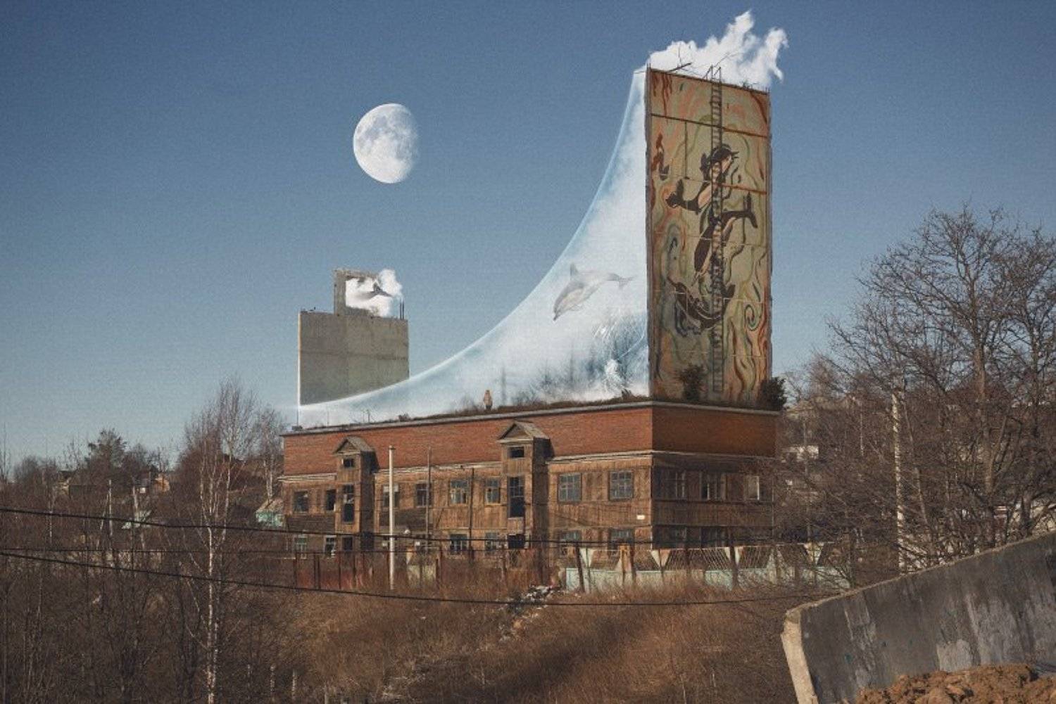 сюрреализм, арт, дом, закат, вода, небо, ретушь, коллаж, пейзаж, деревня, свет, окно, акула, стекло, закат, солнце, рассвет, одиночество, лес, ночь, день, дельфинарий, дельфин, туман, Кирилл Сметанин