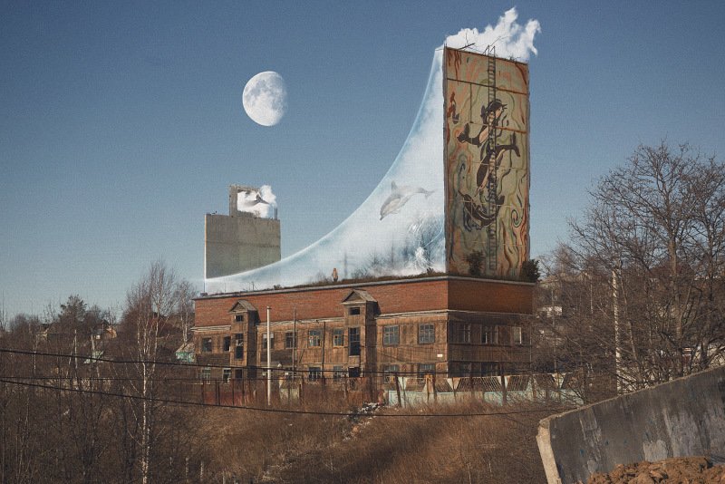 сюрреализм, арт, дом, закат, вода, небо, ретушь, коллаж, пейзаж, деревня, свет, окно, акула, стекло, закат, солнце, рассвет, одиночество, лес, ночь, день, дельфинарий, дельфин, туман Дом Тумана. фото превью